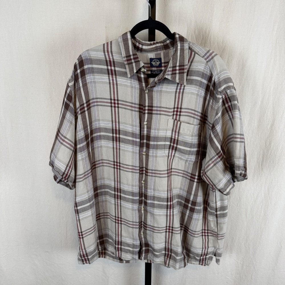 Dockers Mens XL Plaid Short Sleeve Button‎ Up Shirt Linen Rayon Blend Tan Brown